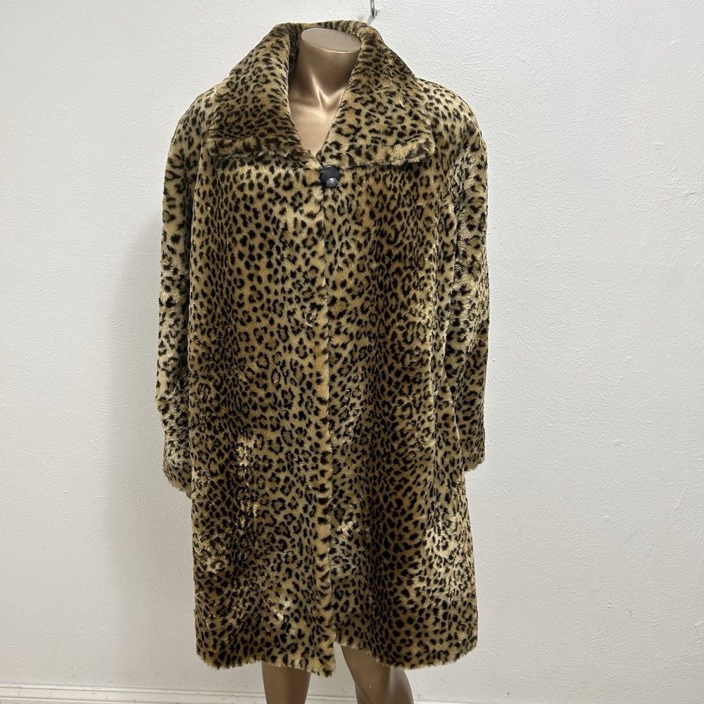Vintage Faux Fur Swing Coat  Large Leopard Print Brown 70s Mob Boss Mod Size S